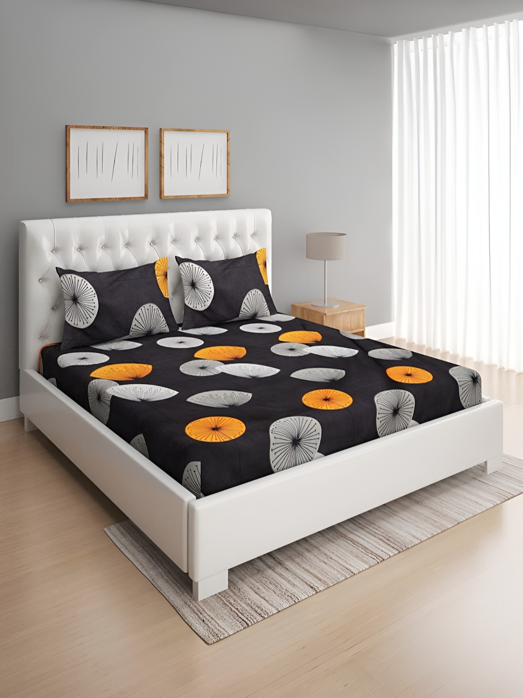 

DECOR VATIKA Black & Grey Floral 144 TC Queen Bedsheet with 2 Pillow Covers