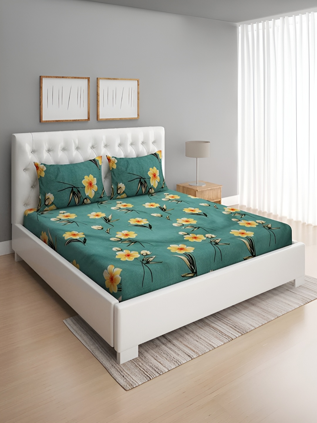 

DECOR VATIKA Green & Yellow Floral 144 TC Queen Bedsheet with 2 Pillow Covers