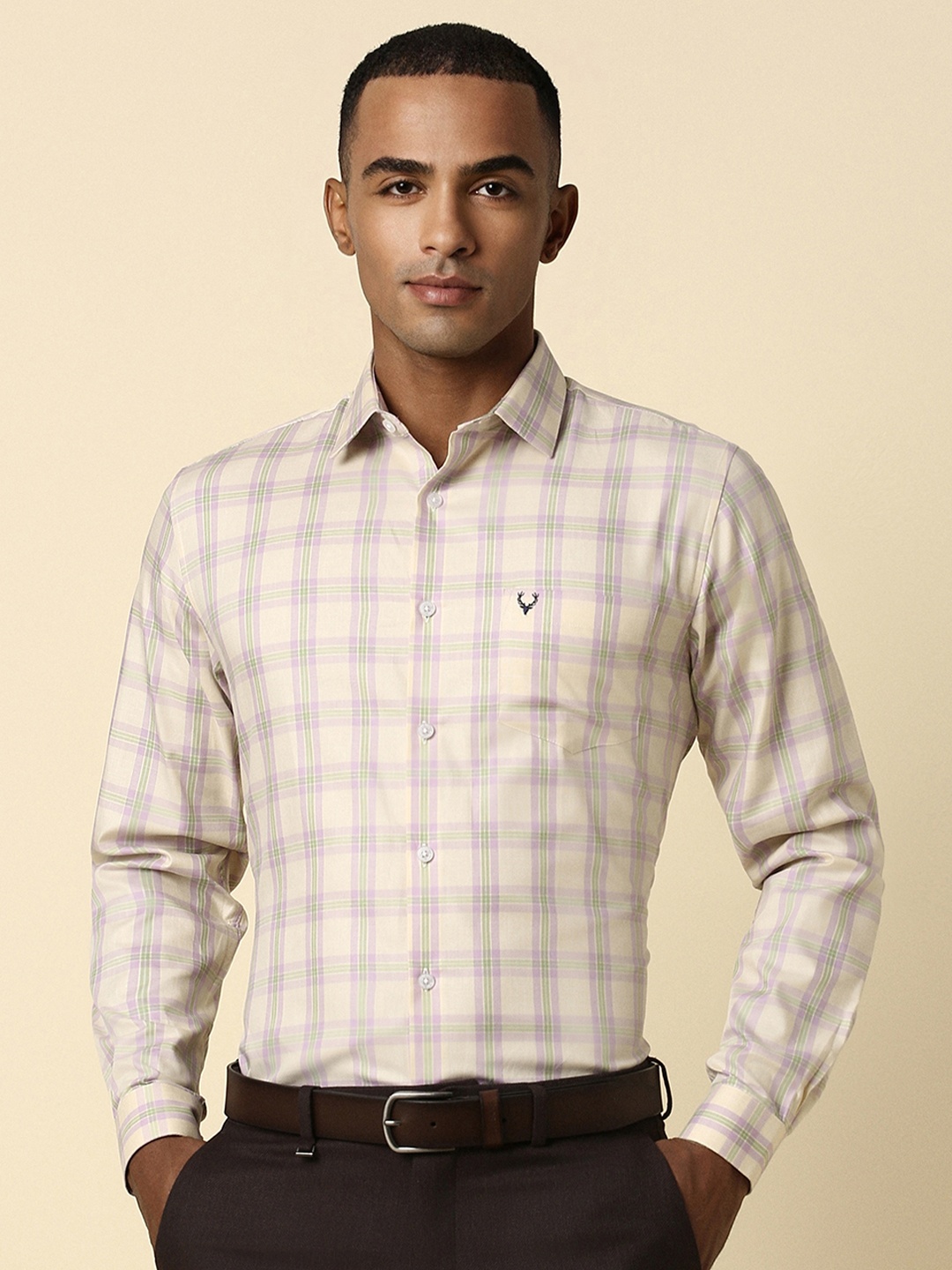 

Allen Solly Men Cream-Coloured Slim Fit Checked Formal Shirt