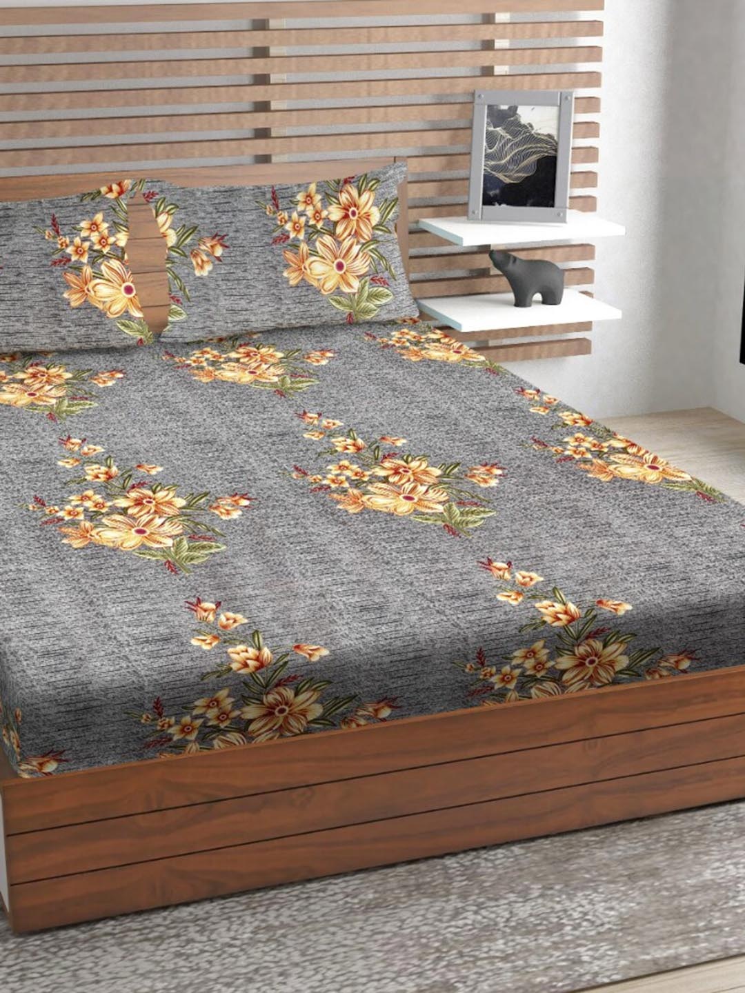 

Urban Magic Grey Brown Floral 160TC Queen Bedsheet With 2 Pillow Covers