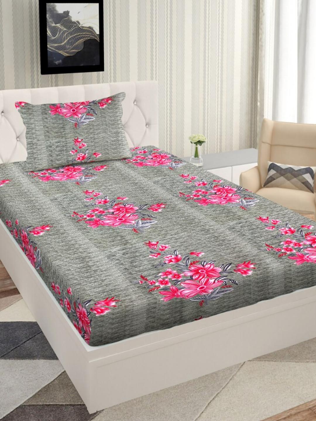 

Urban Magic Olive Green Pink 160TC Floral Single Bedsheet With 1 Pillow Covers, Grey