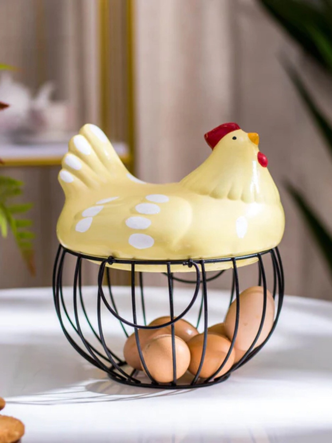 

THEDECORKART Black Metal & Ceramic Rooster Basket