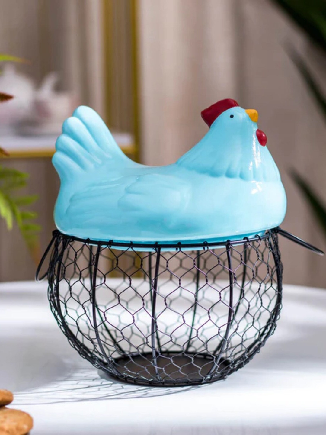 

THEDECORKART Blue & Black Metal & Ceramic Rooster Basket