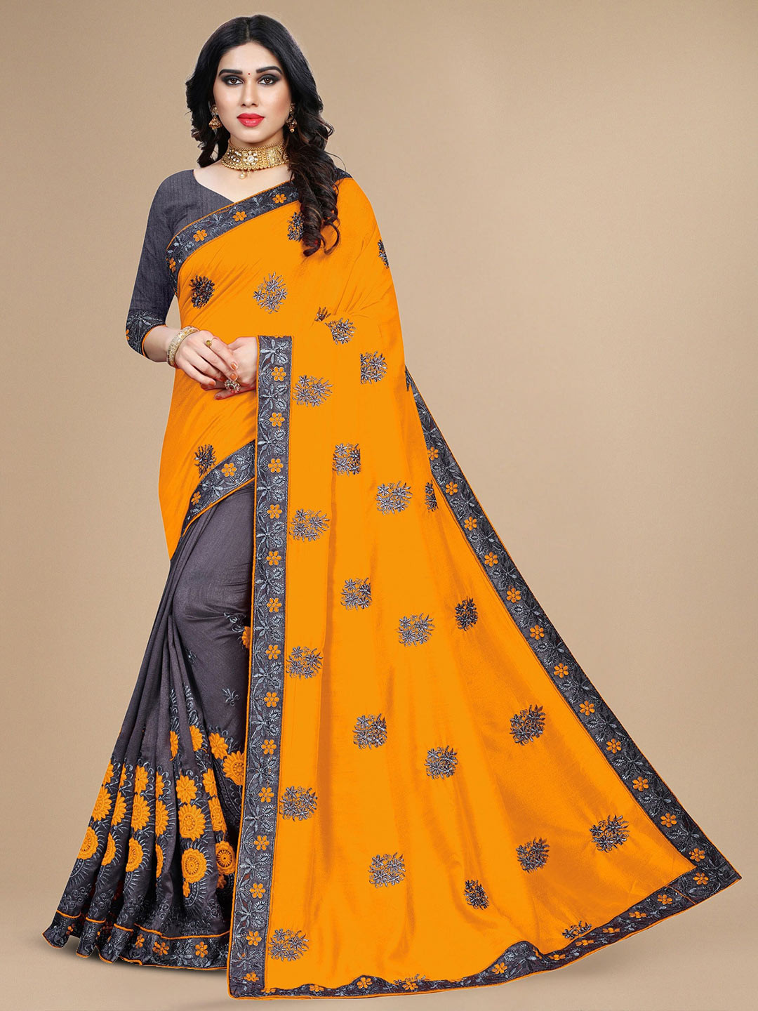 

KALINI Floral Embroidered Saree, Yellow