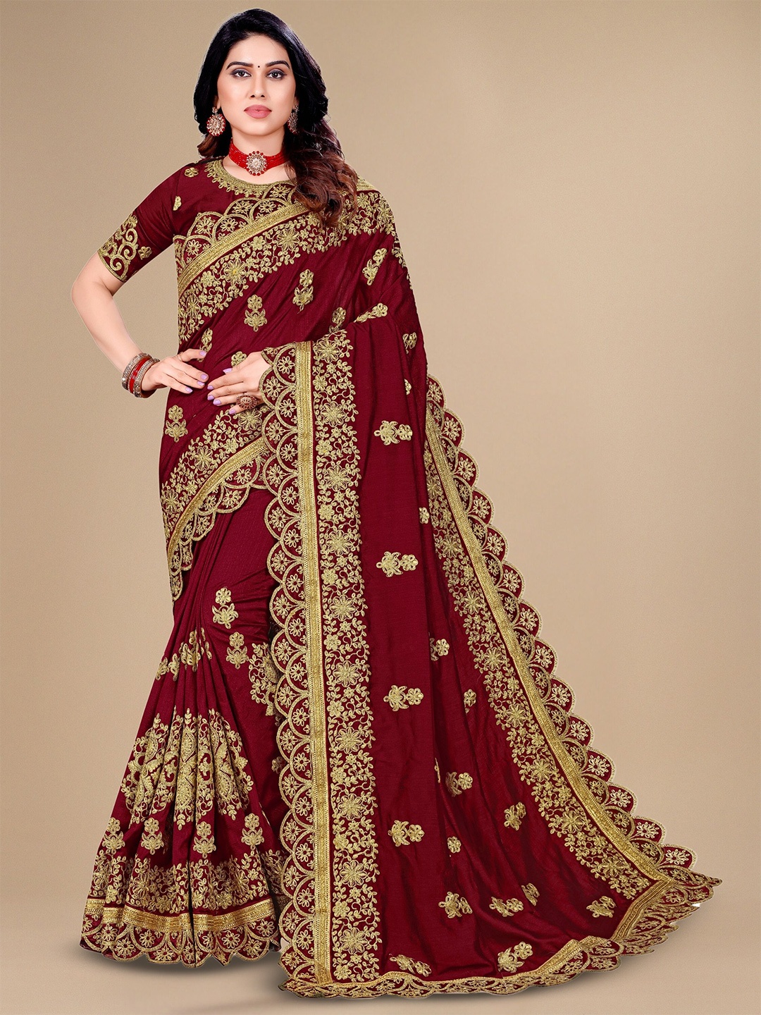 

KALINI Floral Embroidered Saree, Maroon
