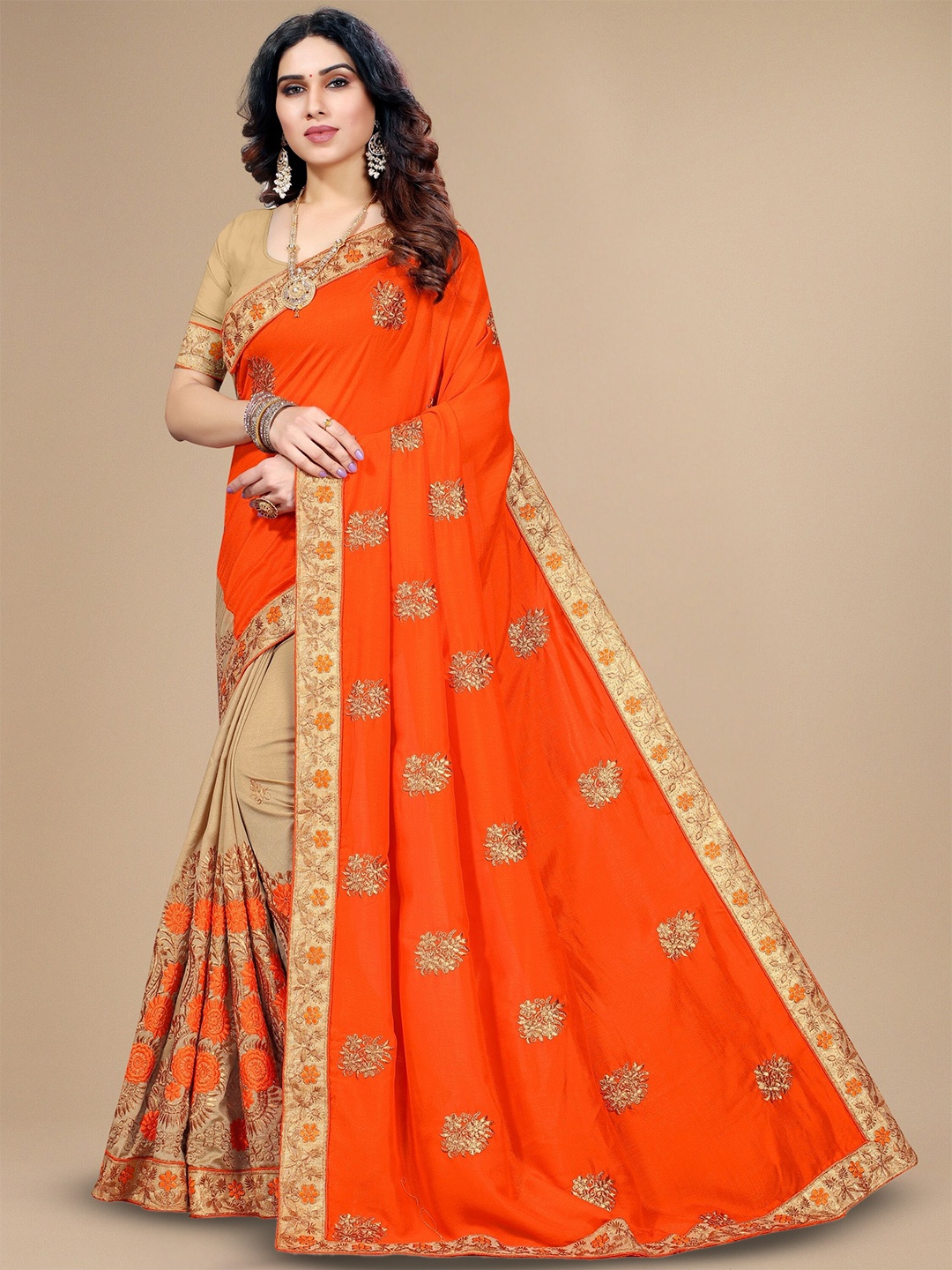 

KALINI Floral Embroidered Half and Half Saree, Orange