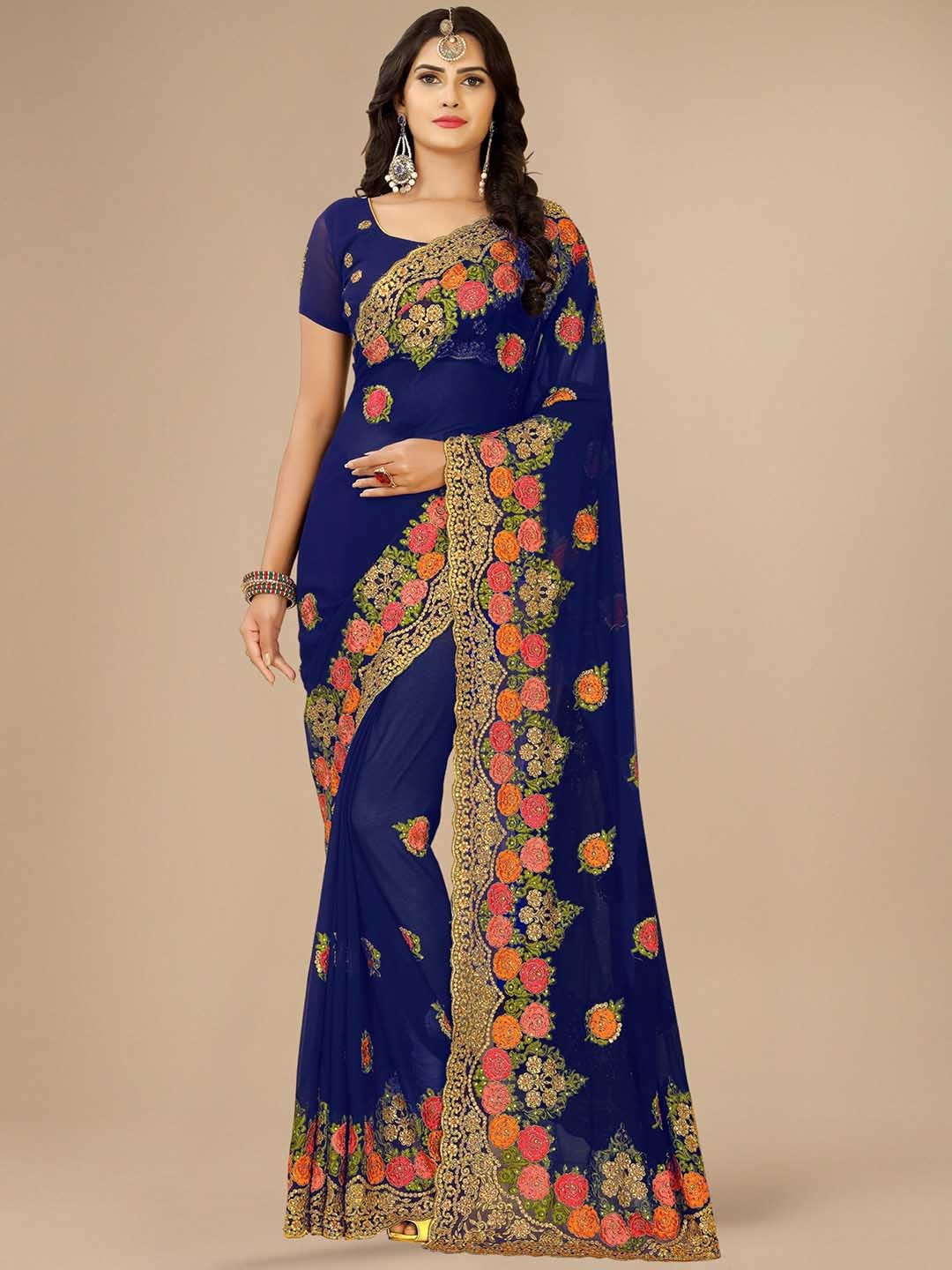 

KALINI Floral Embroidered Pure Georgette Saree, Blue