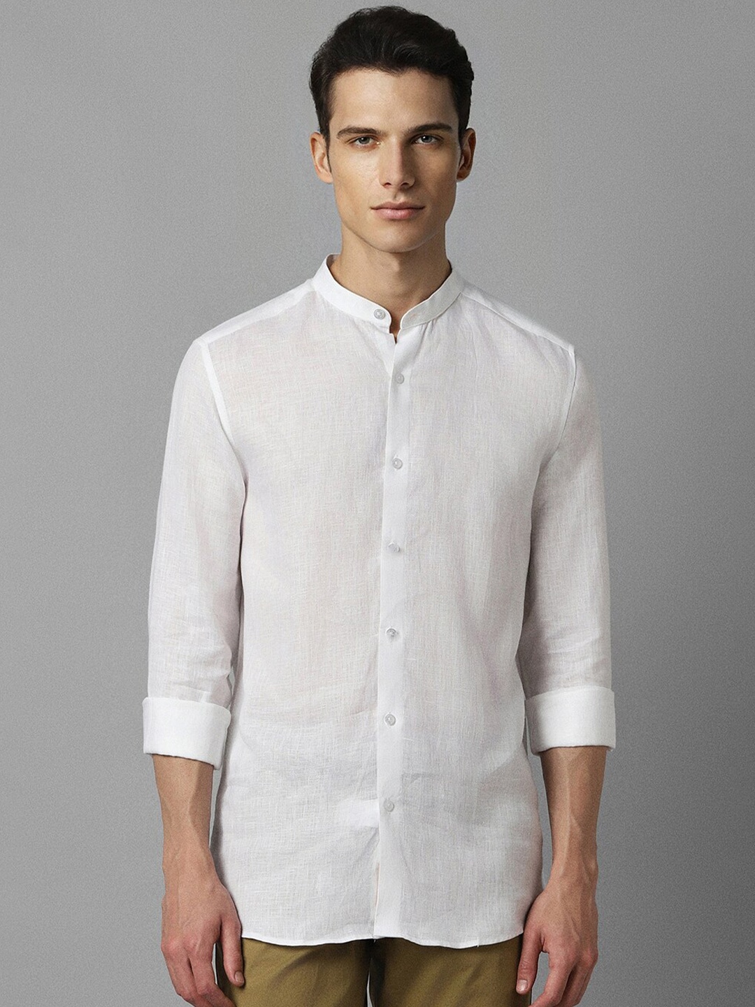 

Louis Philippe Classic Textured Band Collar Long Sleeve Linen Casual Shirt, White