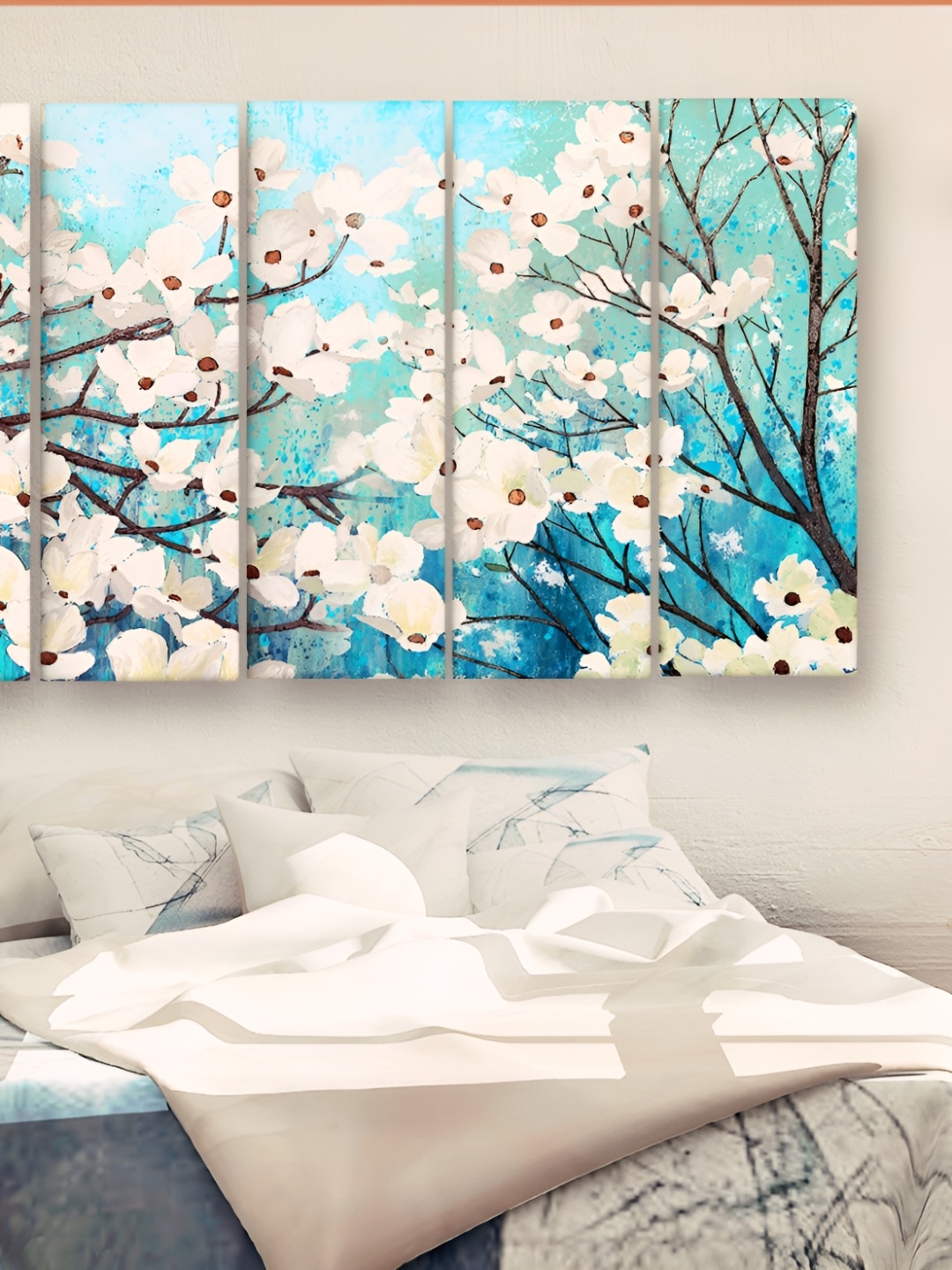 

Casperme 5 Pieces White & Aqua Blue Modern Art Wood Wall Painting