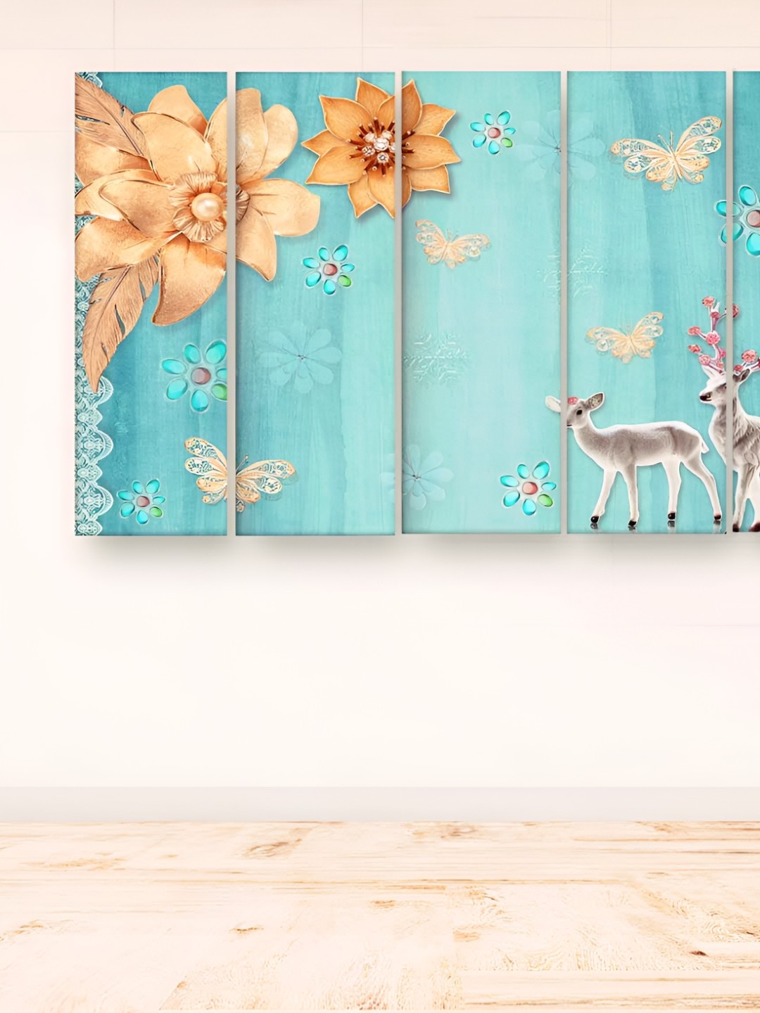 

Casperme 5Pieces Turquoise Blue & Cream Coloured Floral Painting Wooden Wall Art