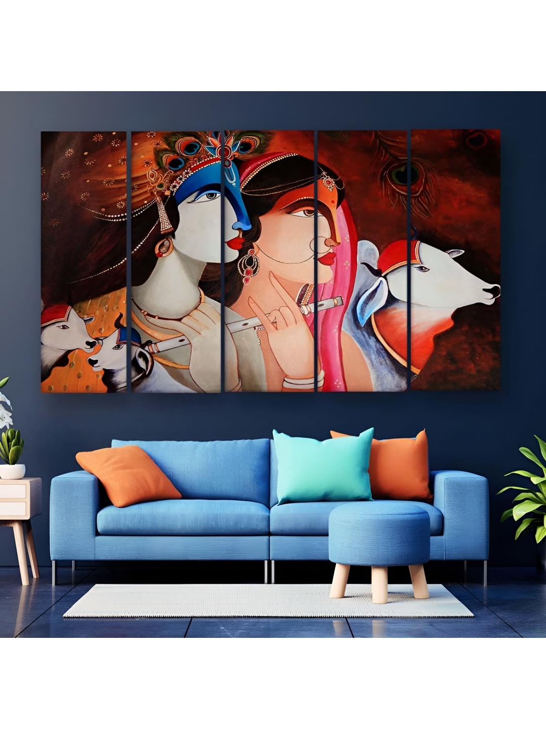 

Casperme Pink & Blue 5 Pieces Abstract Wooden Radha Krishna Painting Wall Art