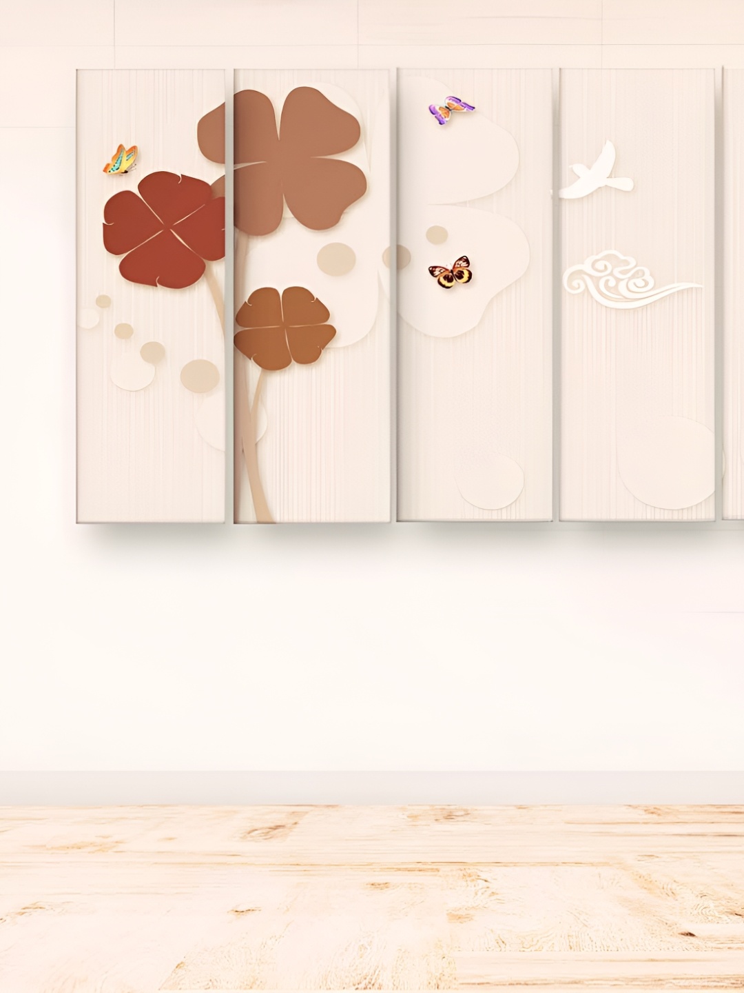 Casperme Peach & Brown 5 Pieces Wooden Floral and Botanical Painting Wall Art