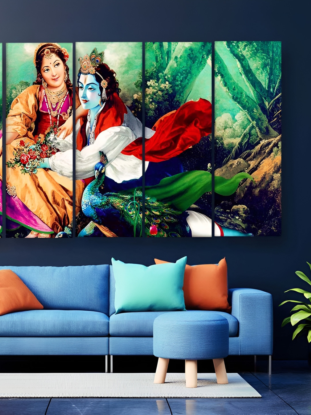 

Casperme Green & Pink 5 Pieces Radha Krishna Wooden Wall Painting