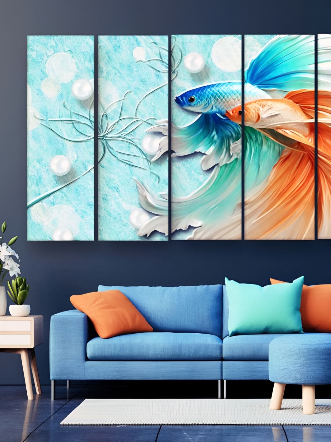 Casperme Blue & Orange 5 Pieces Modern Art Wooden Wall Painting