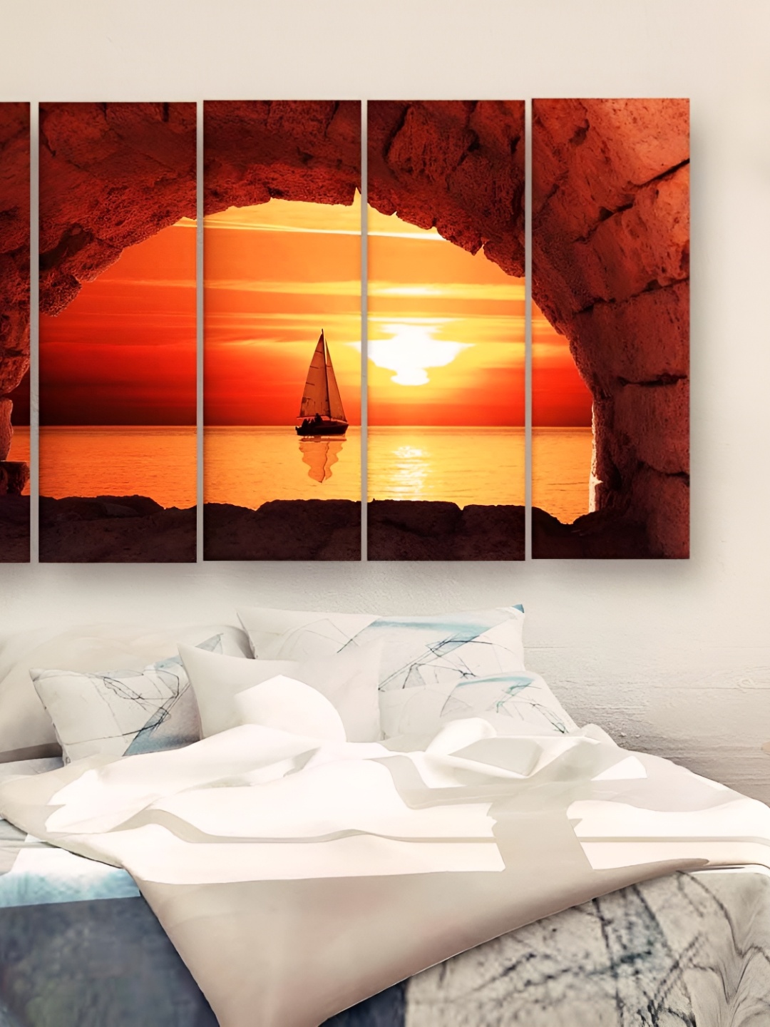 

Casperme Orange and White 5 Pieces Modern Art Wooden Wall Painting