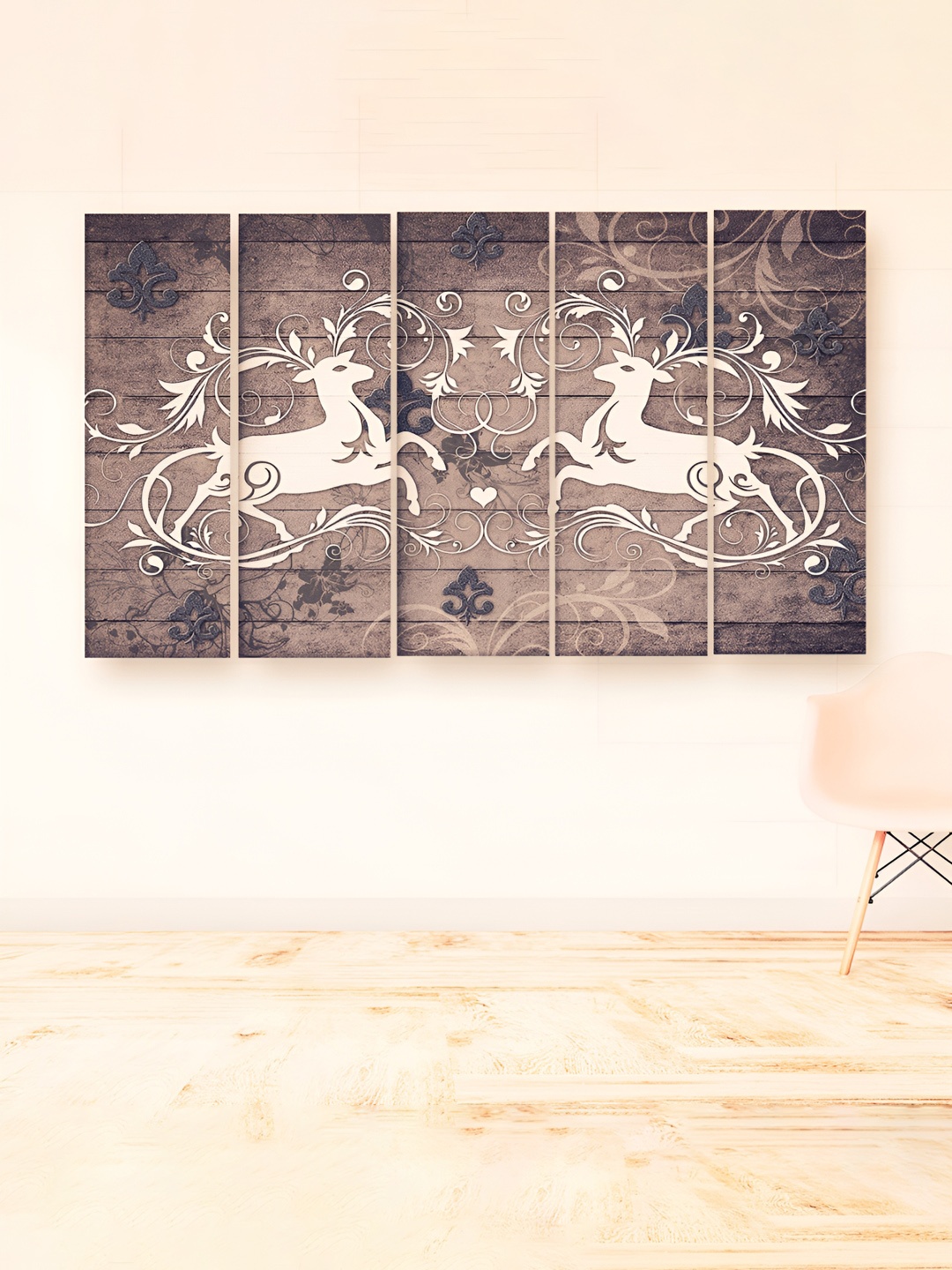 

Casperme 5-Pcs Brown & White Wooden Modern Art Big Wall Painting