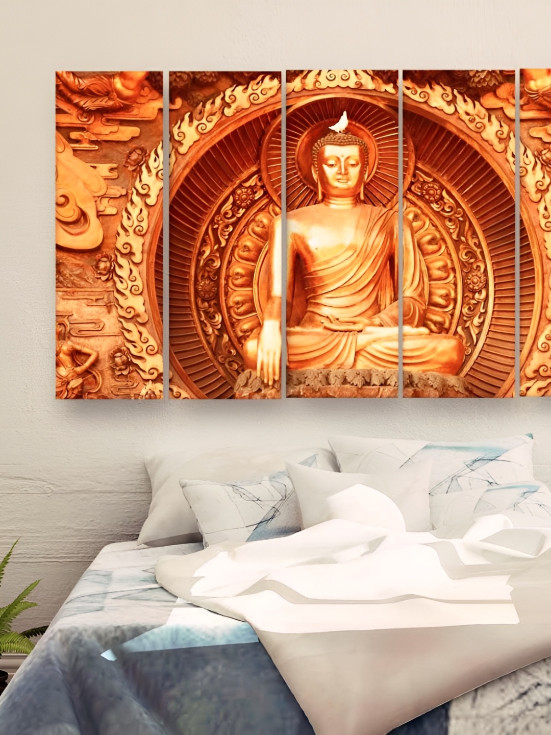 

Casperme 5 Pieces Orange Color & Yellow Wooden Religious Buddha Big Wall Painting