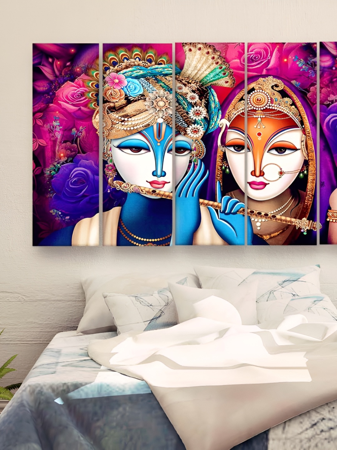

Casperme 5-Pcs White & Blue Wooden Religious Radha Krishna Big Wall Painting