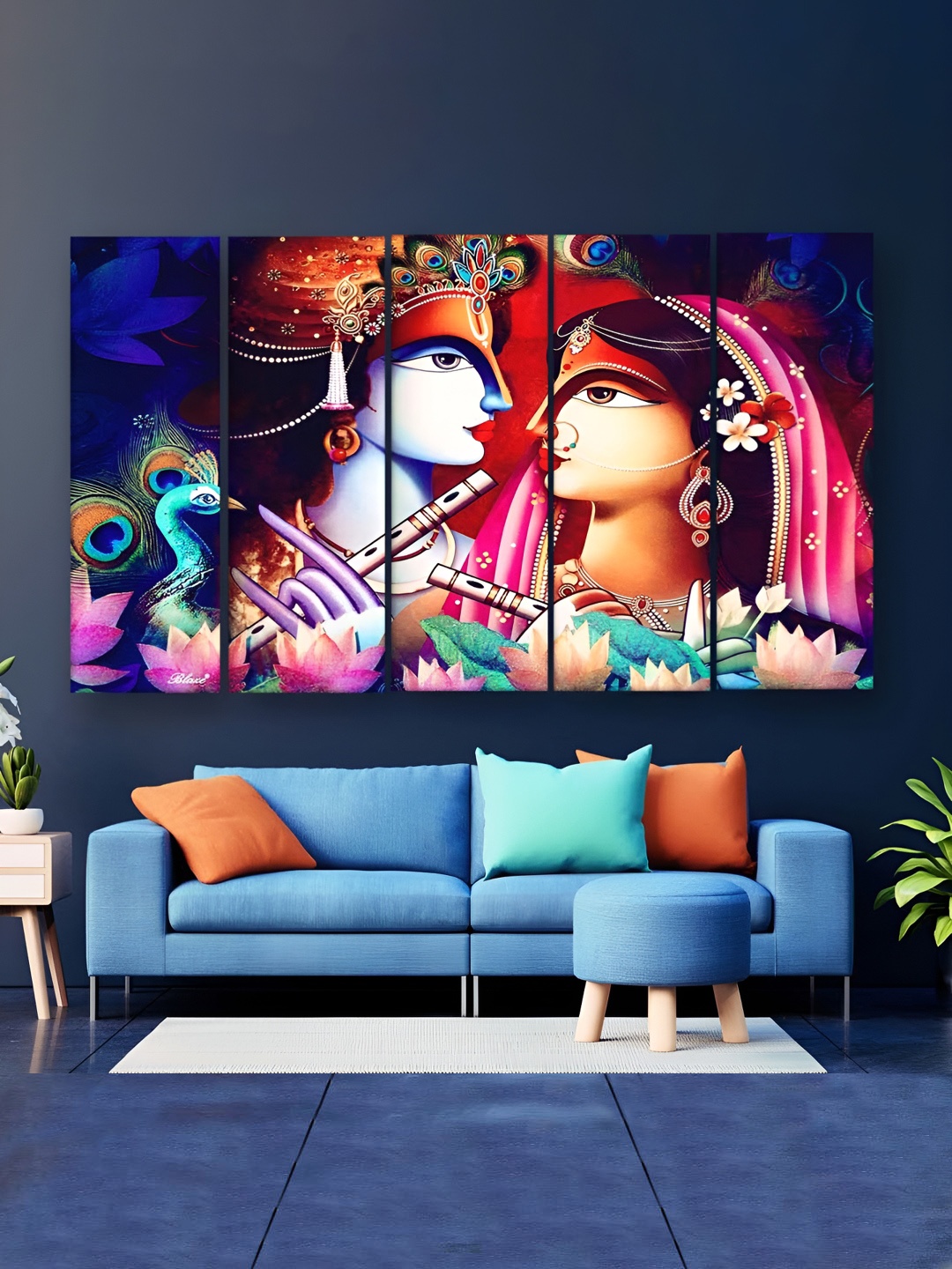 

Casperme 5-Pcs Pink & Blue Wooden Religious Radha Krishna Big Wall Painting