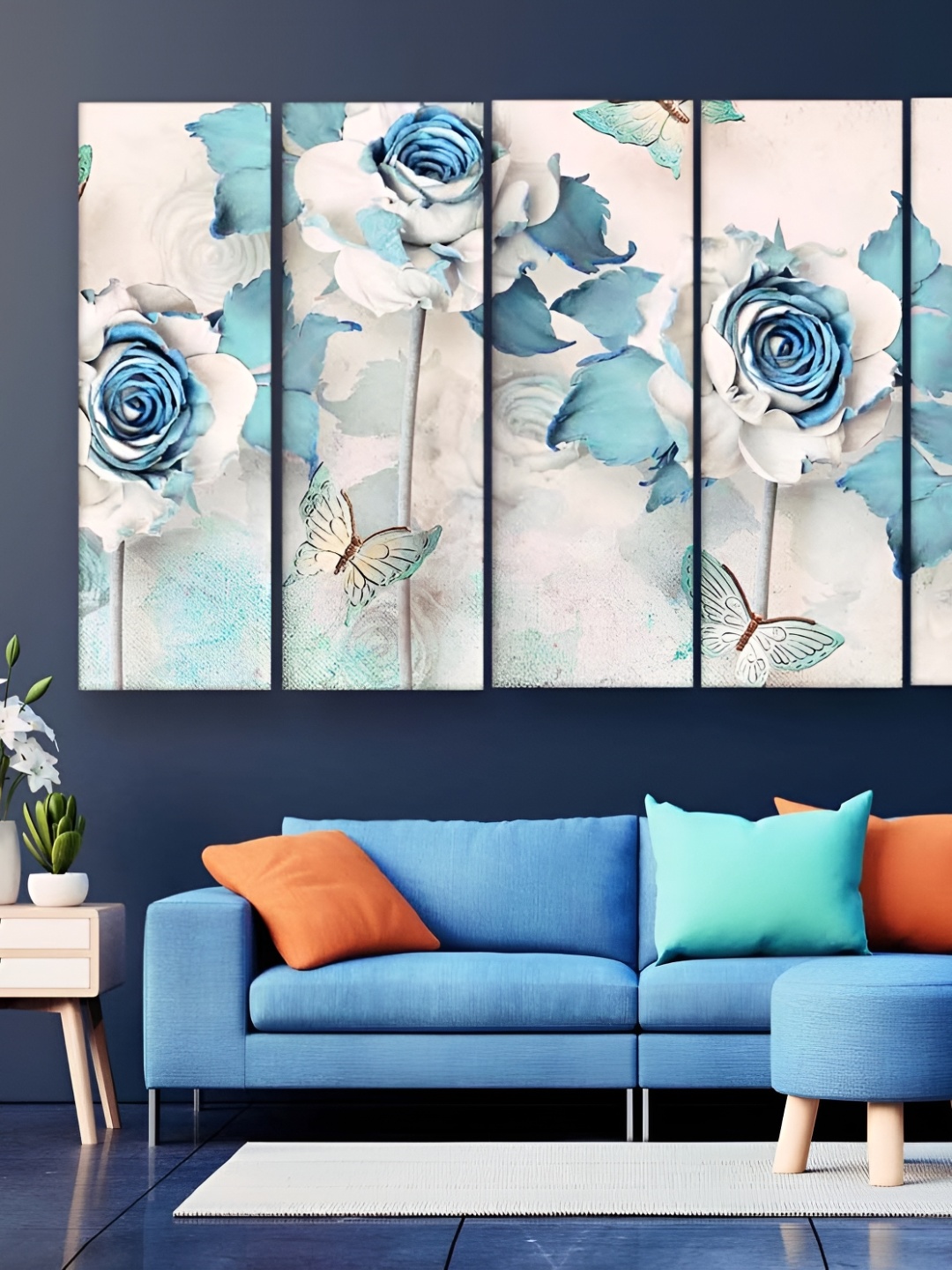 

Casperme 5 Pieces Beige & Blue Wooden Floral and Botanical Modern Art Big Wall Painting
