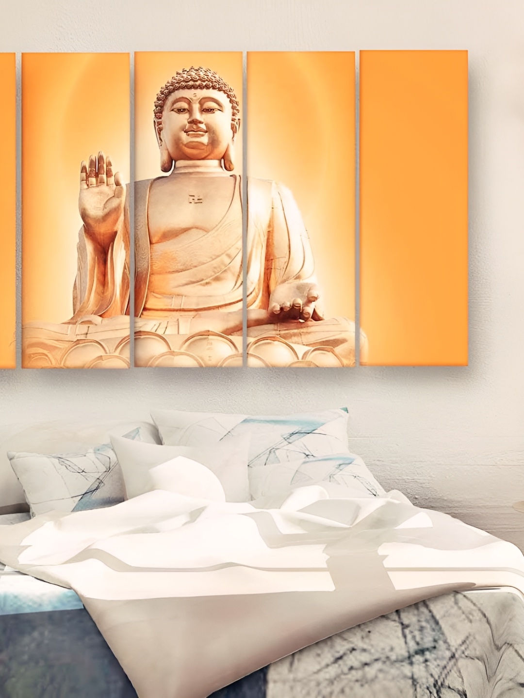 

Casperme 5 Pieces Beige & Orange Wooden Religious Buddha Big Wall Painting