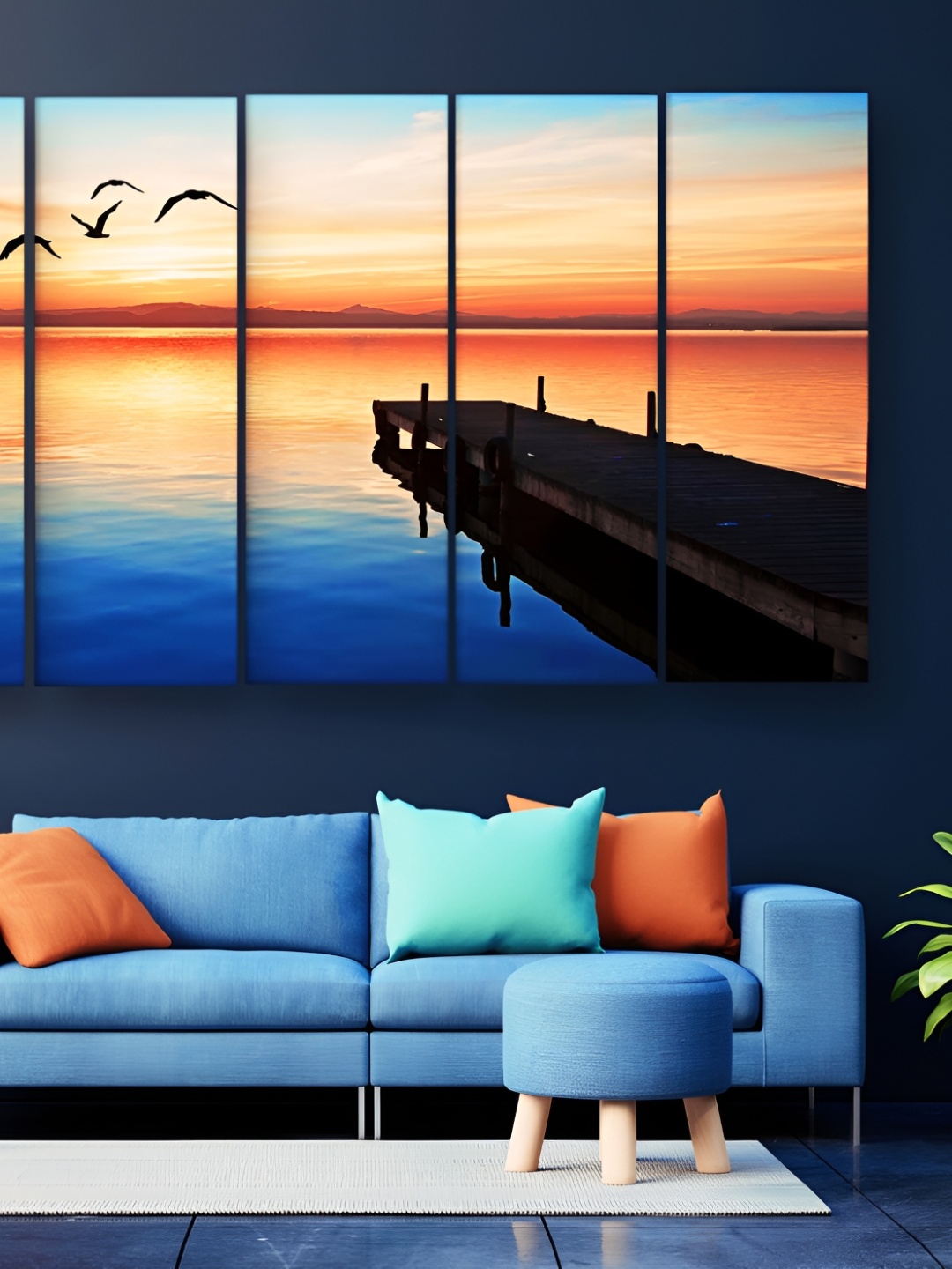 

Casperme 5-Pcs Orange Colour & Blue Wooden Abstract Modern Art Big Wall Painting