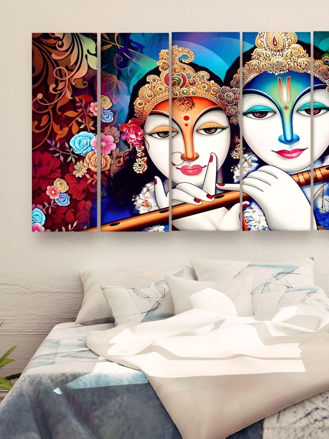 

Casperme 5 Pieces White& Blue Wooden Religious Radha Krishna Big Wall Painting