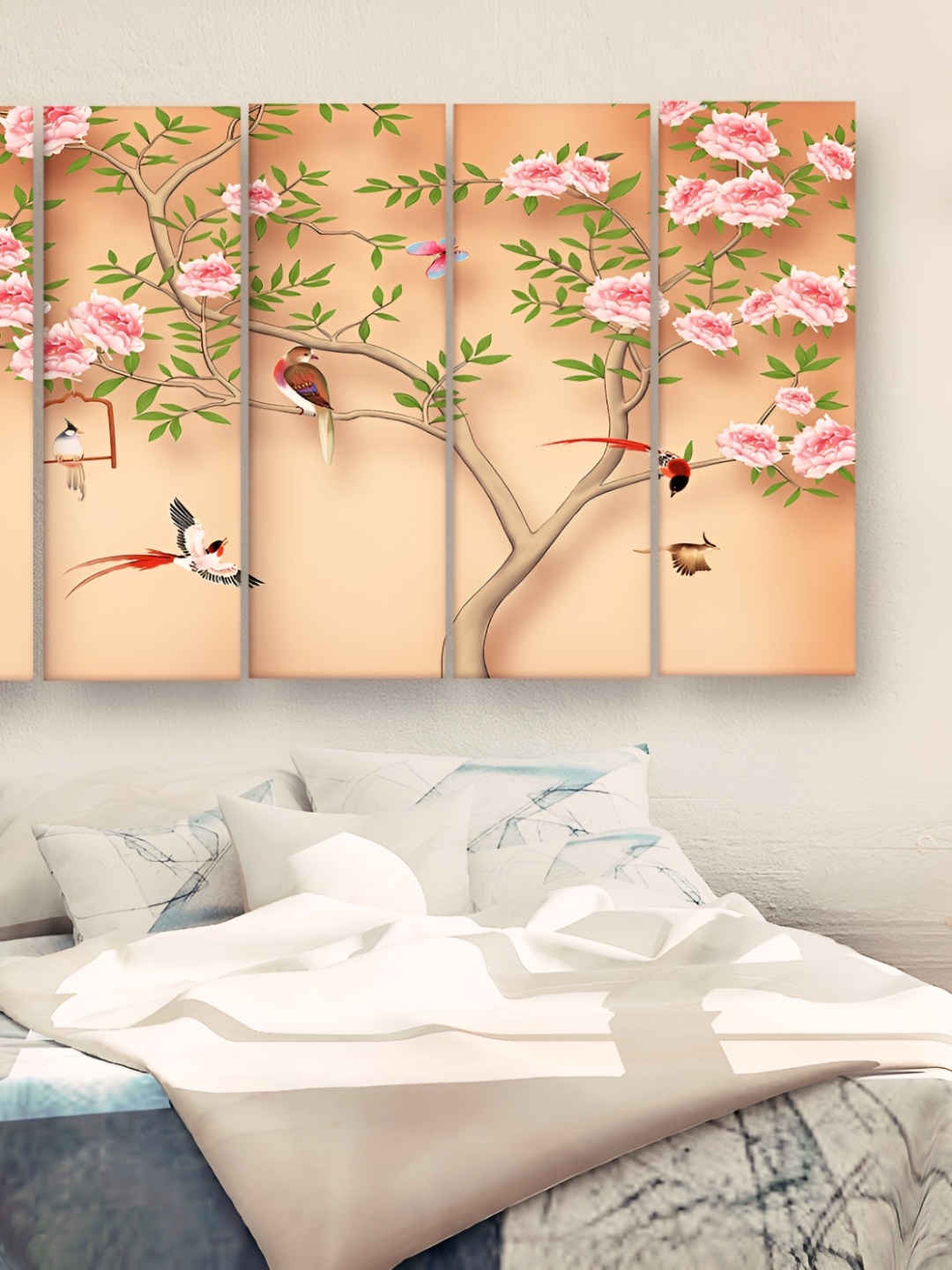 

Casperme 5 Pieces Pink & Green Wooden Floral and Botanical Modern Art Big Wall Painting