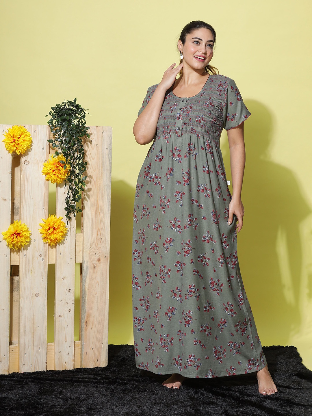 

9shines Label Floral Printed Maxi Nightdress, Green