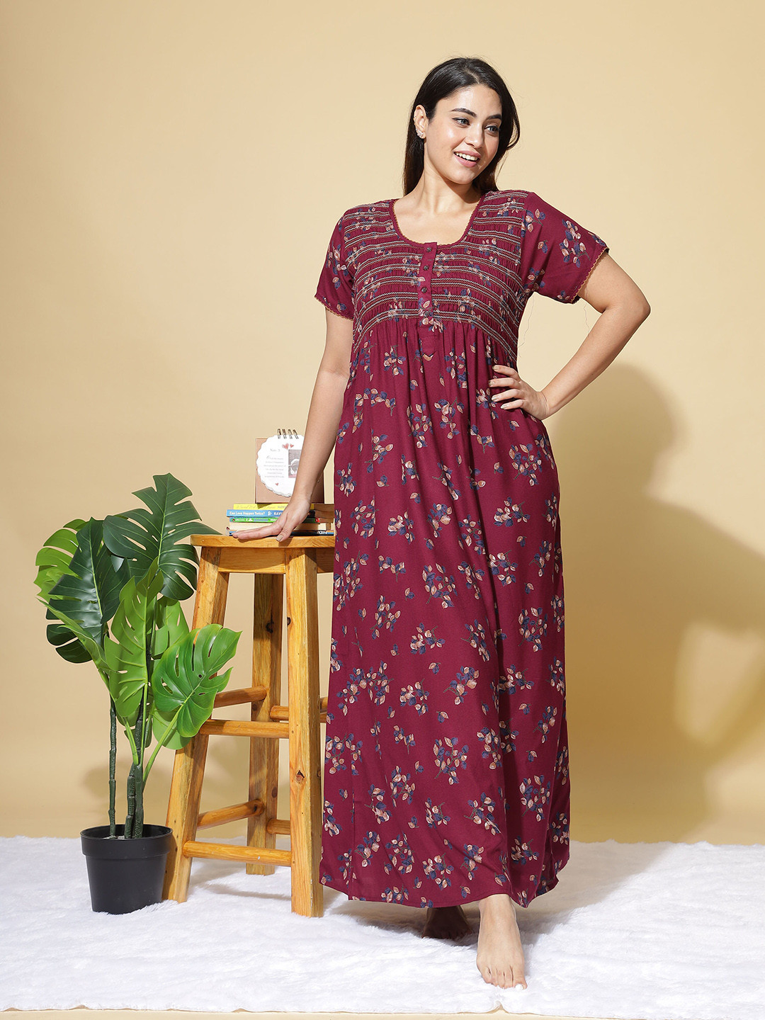 

9shines Label Floral Printed Maxi Nightdress, Maroon
