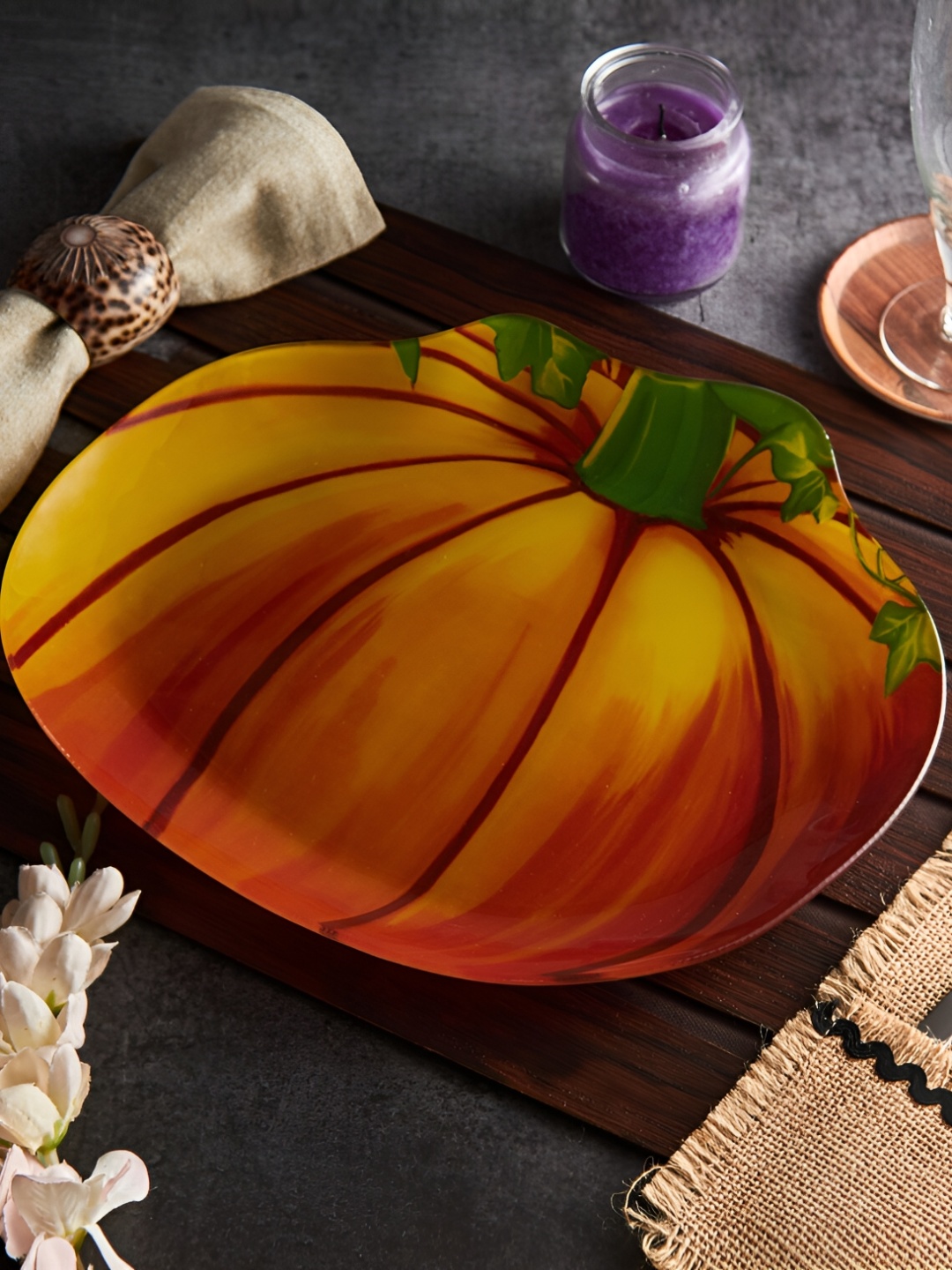 

Red Butler Orange & Yellow 2 Pieces Glass Pumpkin Printed Serving Platter