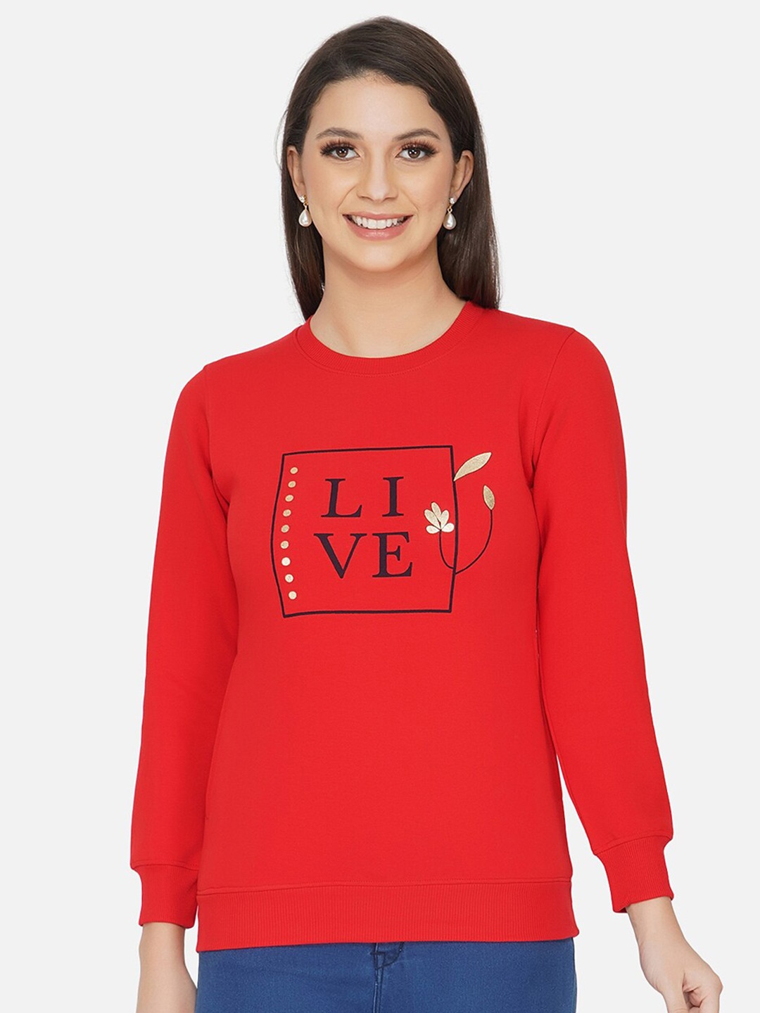 

FABNEST Typography Printed Fleece Pullover, Red