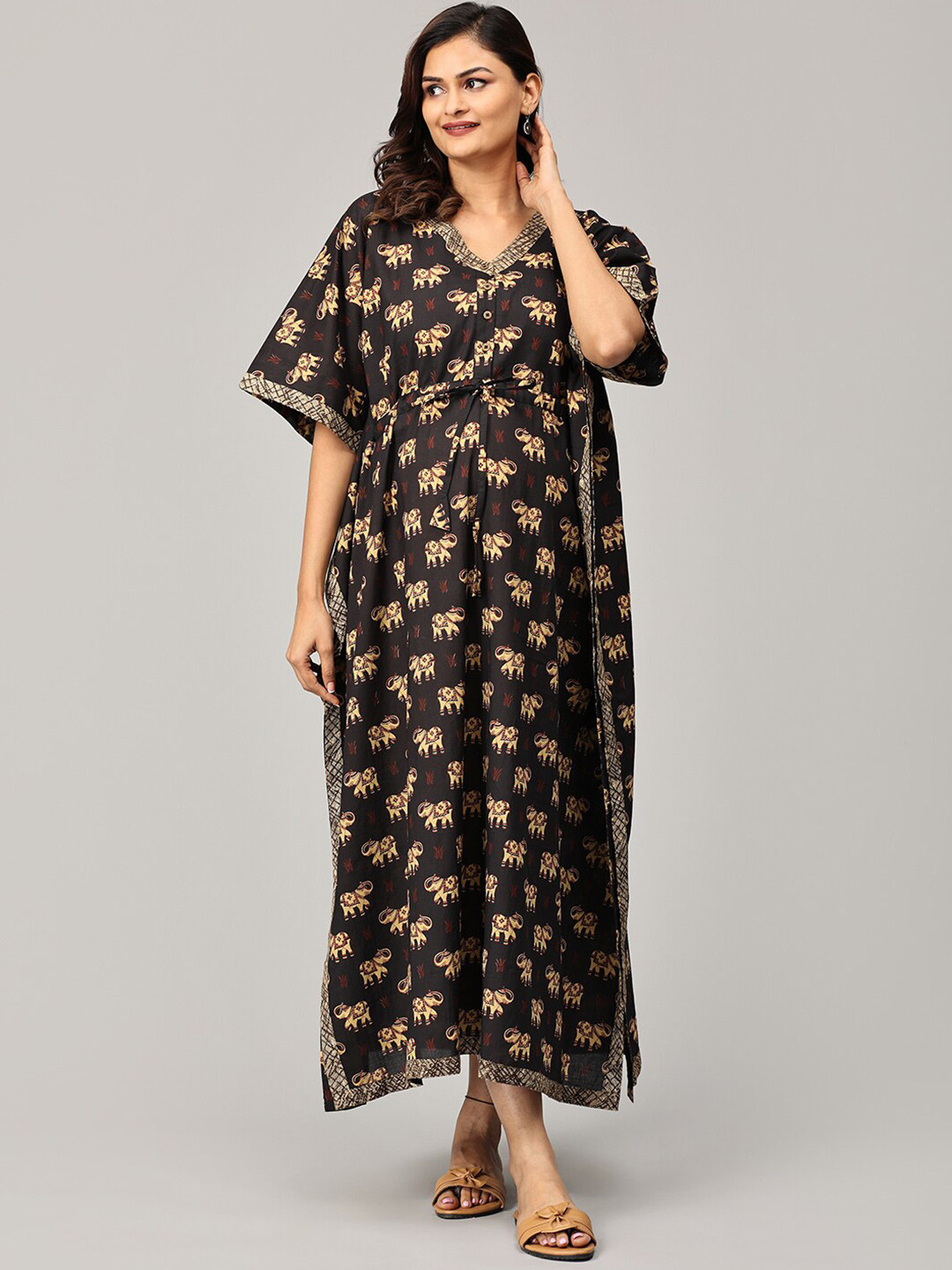 

The Mom Store Ethnic Motifs Printed Maternity Pure Cotton Kaftan Nightdress, Black