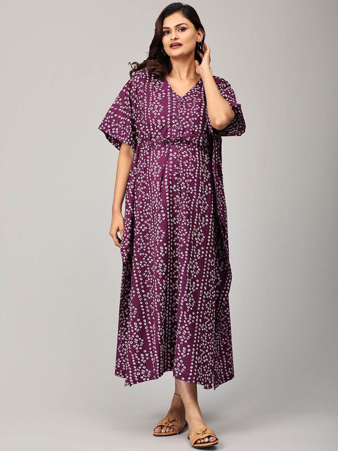 

The Mom Store Ethnic Motifs Printed Maternity Pure Cotton Kaftan Nightdress, Purple