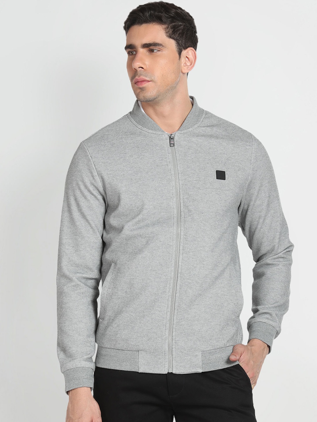 

Arrow Sport Self Design Stand Collar Bomber Jacket, Grey
