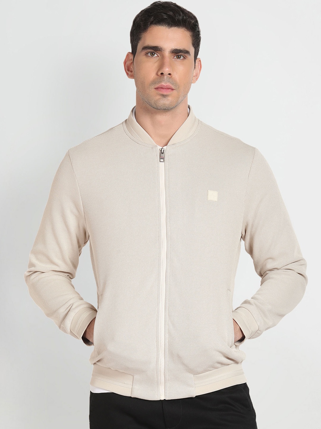 

Arrow Sport Long Sleeves Stand Collar Knitted Bomber Jacket, Beige