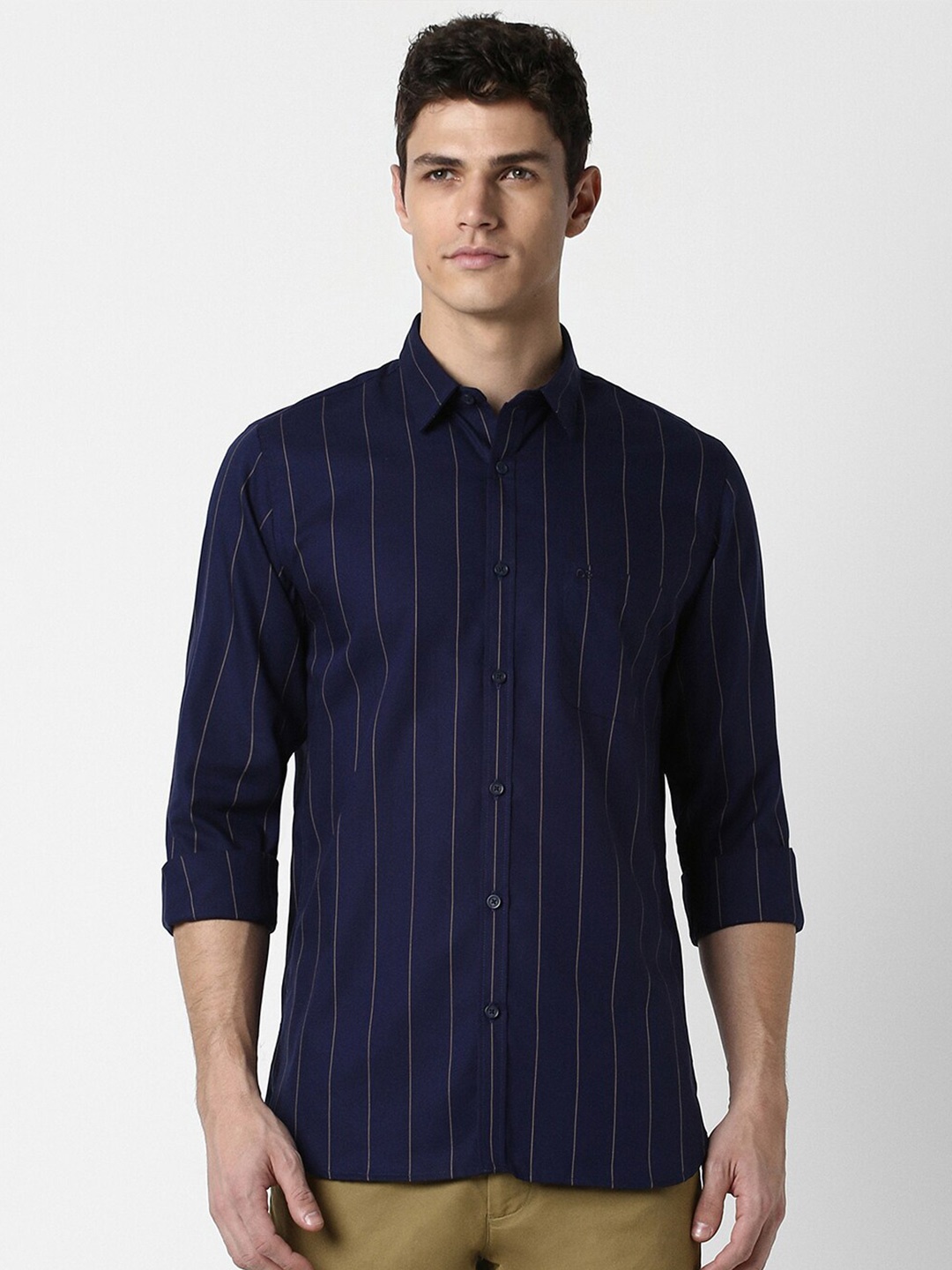 

Peter England Casuals Slim Fit Vertical Striped Cotton Casual Shirt, Navy blue