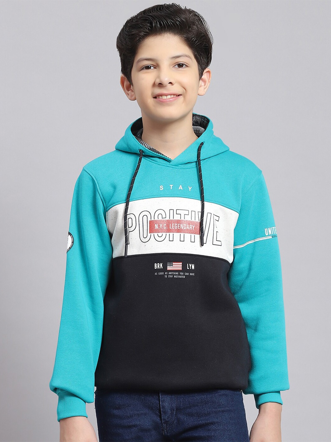 

Monte Carlo Boys Typography Printed Hooded Pullover Sweatshirt, Turquoise blue