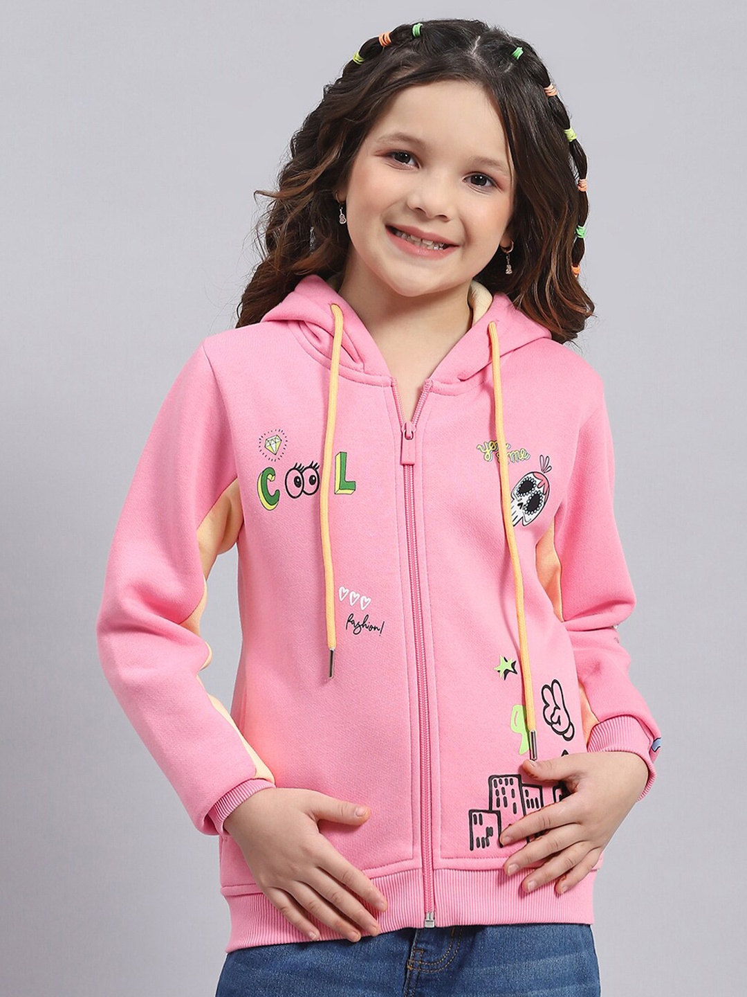 

Monte Carlo Girls Printed Hooded Front-Open Sweatshirt, Pink