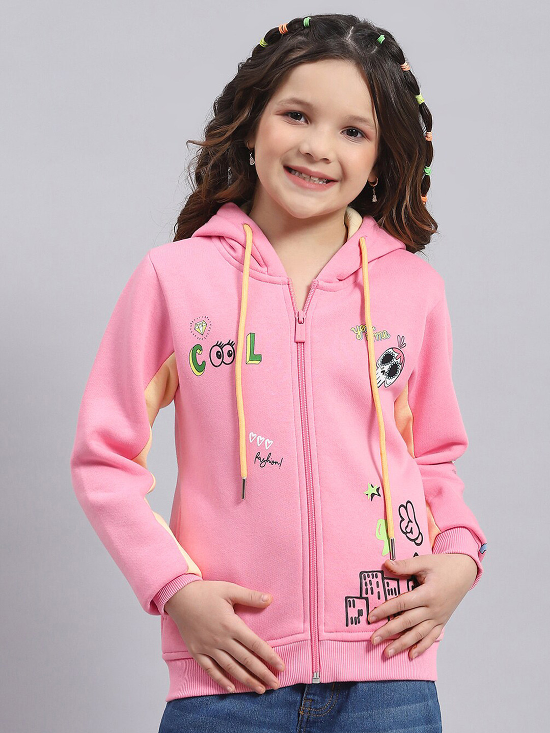 

Monte Carlo Girls Printed Hooded Front-Open Sweatshirt, Pink