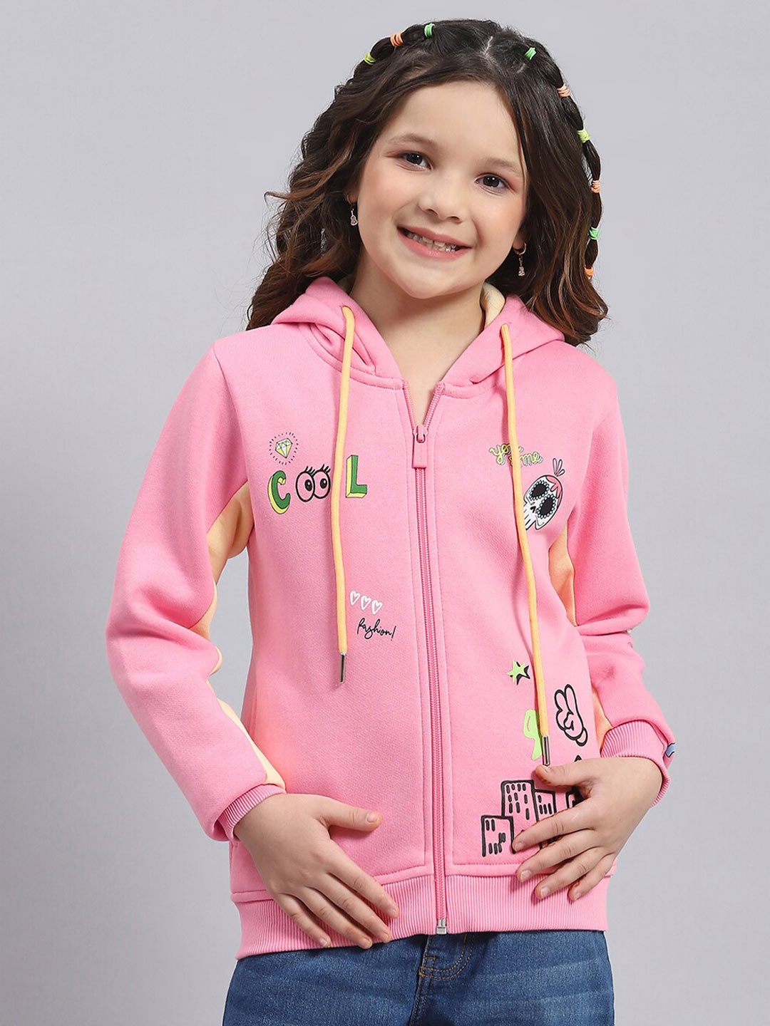 

Monte Carlo Girls Printed Hooded Front-Open Sweatshirt, Pink
