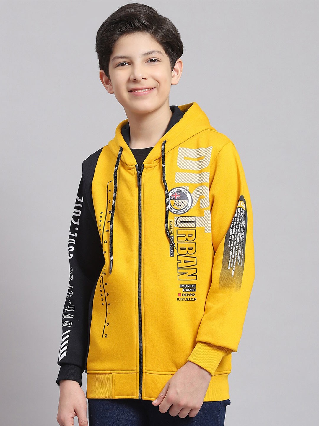 

Monte Carlo Boys Typography Printed Hooded Front-Open Sweatshirt, Yellow