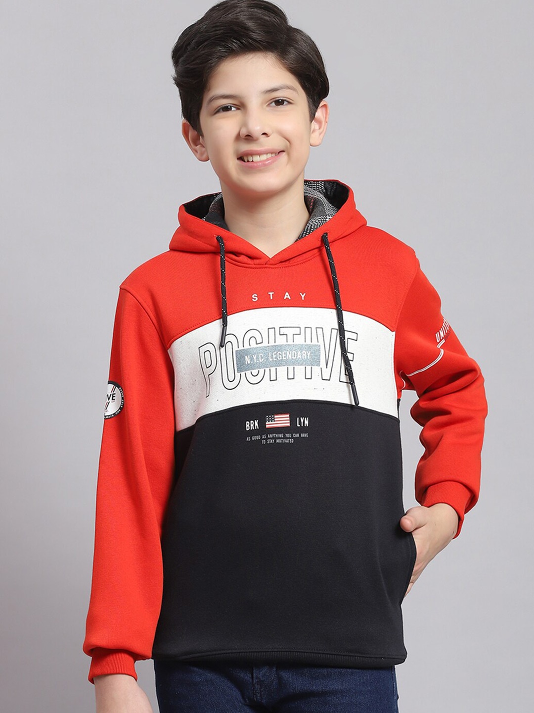

Monte Carlo Boys Colourblocked Hooded Ribbed Pullover Sweatshirt, Rust