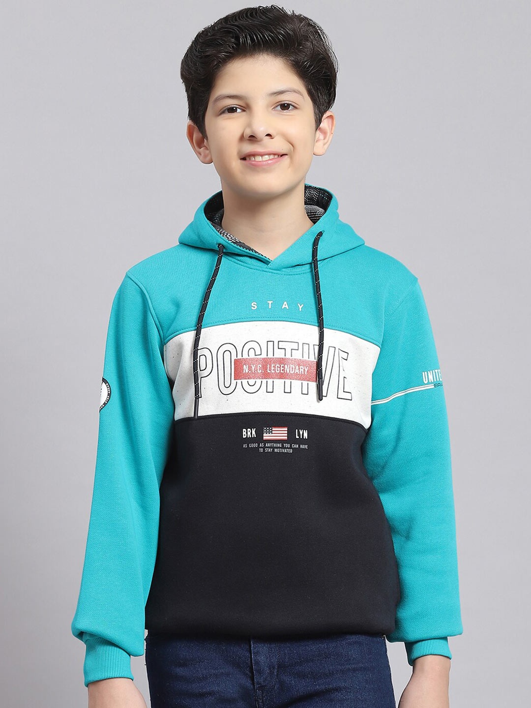 

Monte Carlo Boys Typography Printed Hooded Pullover Sweatshirt, Turquoise blue