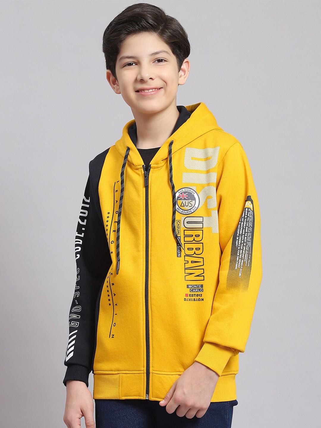 

Monte Carlo Boys Typography Printed Hooded Front Open Sweatshirt, Yellow