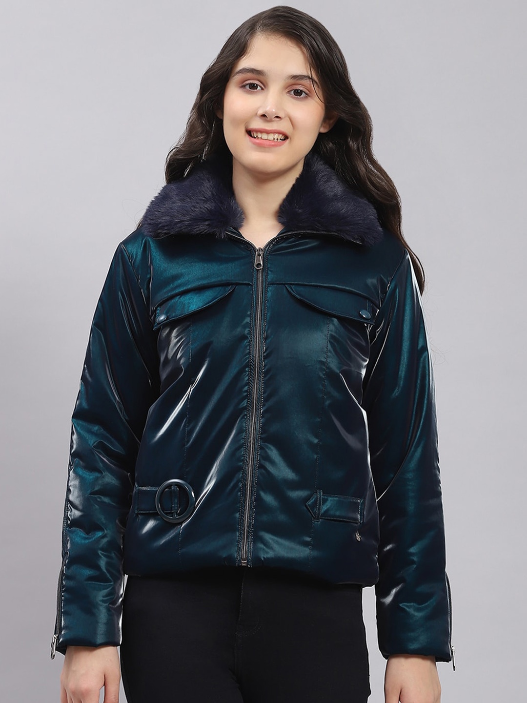 

Monte Carlo Girls Lightweight Mock Collar Fur Bomber Jacket, Teal