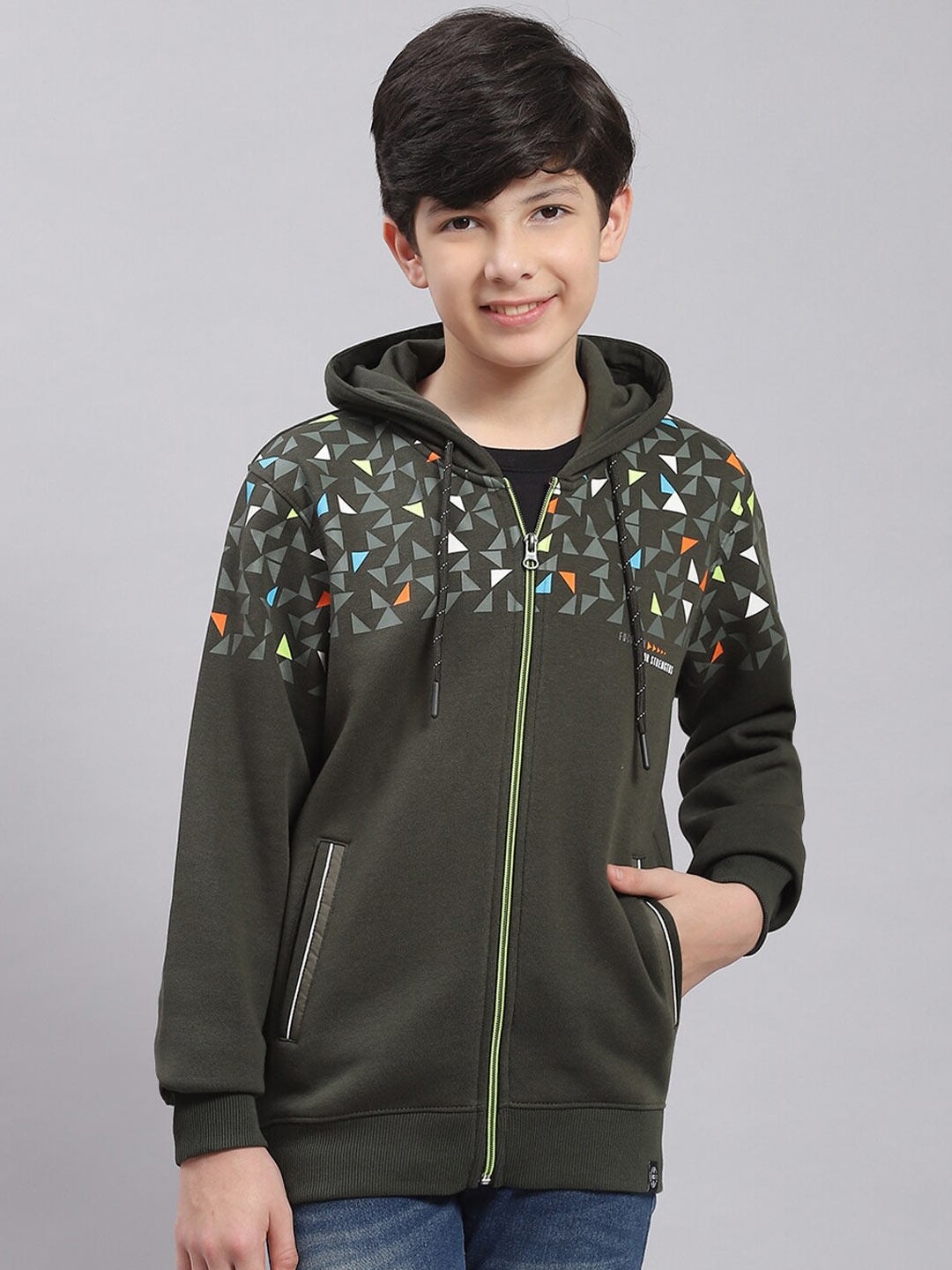 

Monte Carlo Boys Geometric Printed Hooded Cotton Sweatshirt, Olive