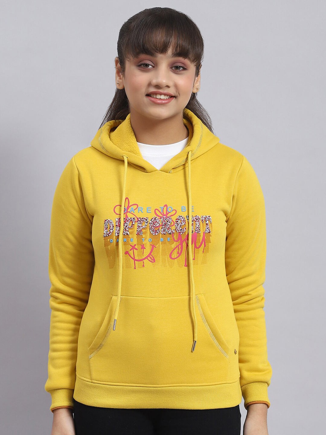

Monte Carlo Girls Typography Printed Hooded Sweatshirt, Yellow