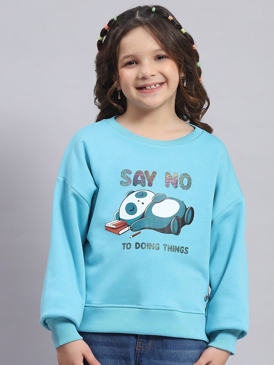 

Monte Carlo Girls Typography Printed Ribbed Pullover Sweatshirt, Turquoise blue
