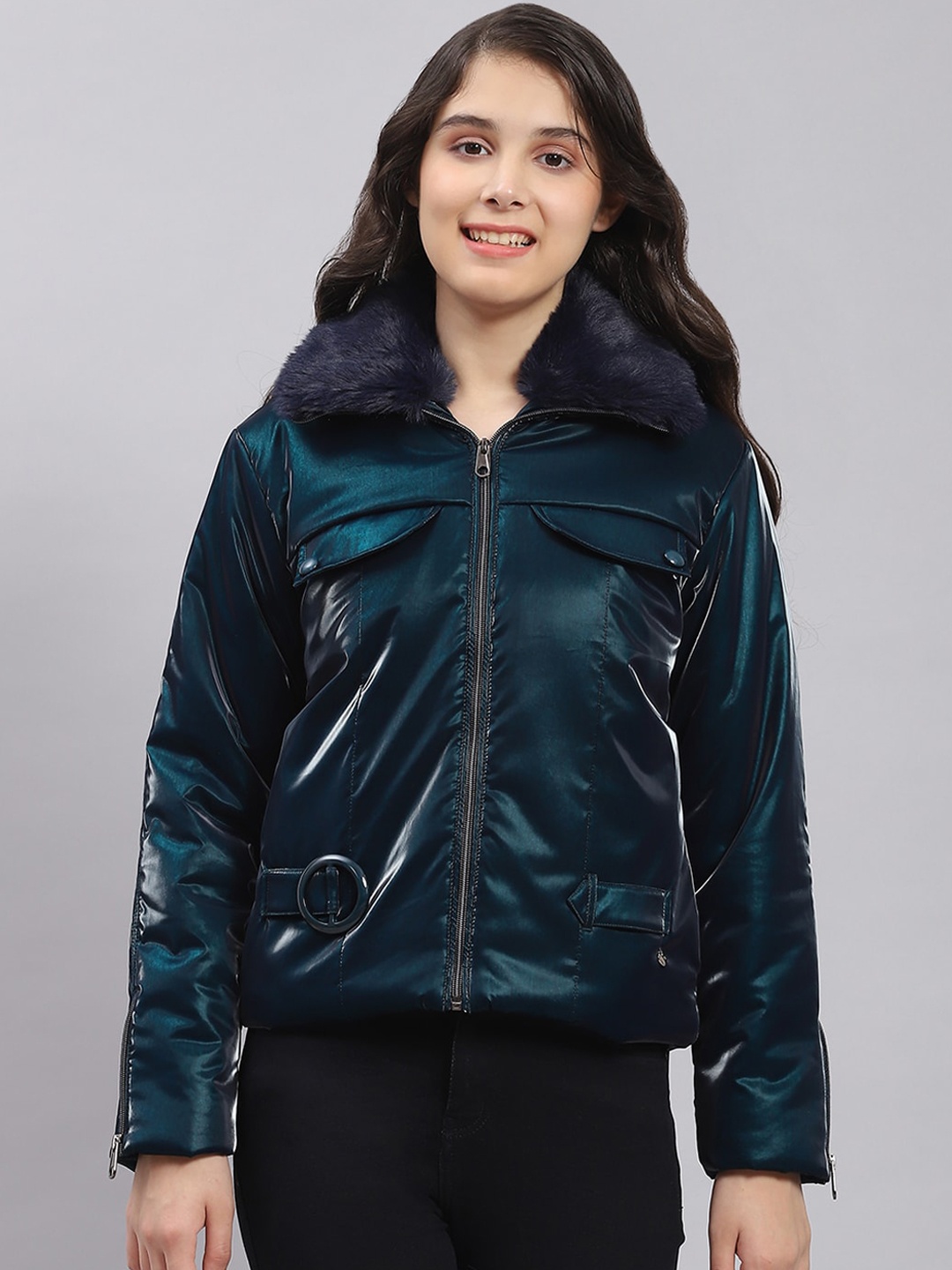 

Monte Carlo Girls Self Design Faux Fur Trim Lightweight Bomber Jacket, Teal
